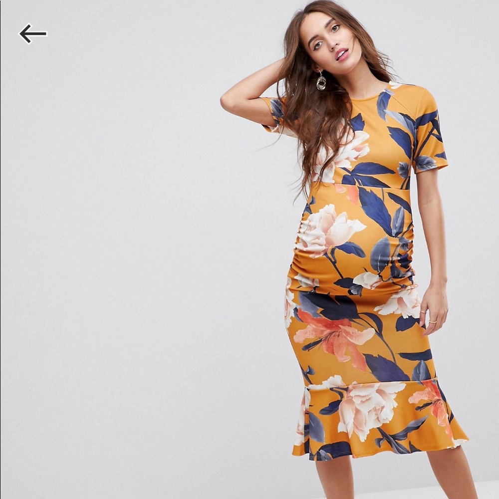 ASOS Maternity Floral Midi Dress in Mustard and Blue